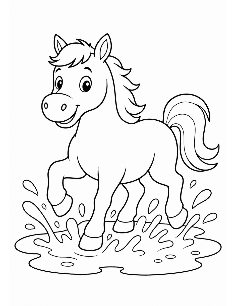 Horse Splashing In A Shallow Puddle printable coloring page from the horse coloring pages collection