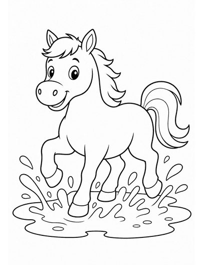 Horse Splashing In A Shallow Puddle printable coloring page from the horse coloring pages collection