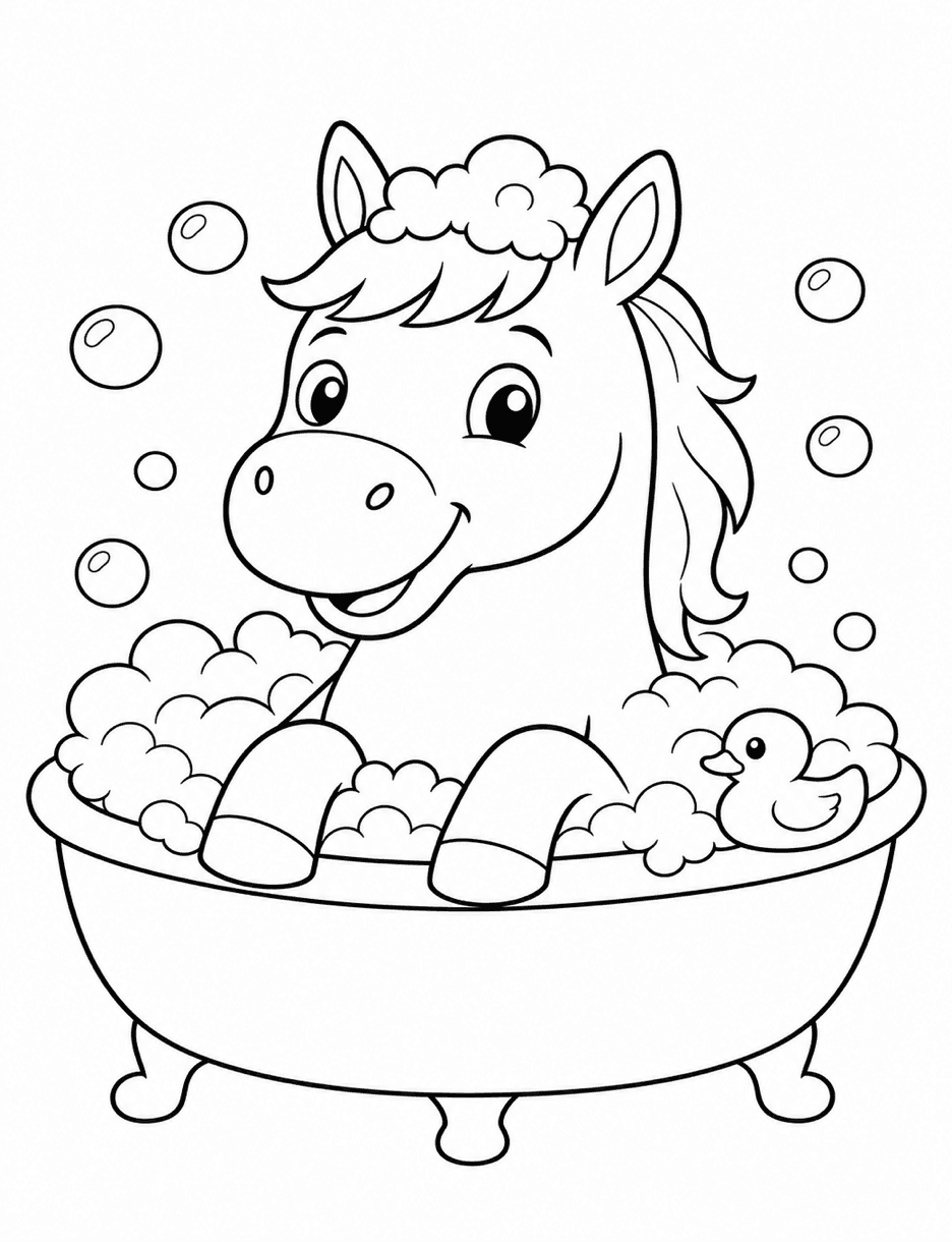 Horse Taking A Bubble Bath printable coloring page from the horse coloring pages collection
