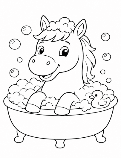 Horse Taking A Bubble Bath printable coloring page from the horse coloring pages collection