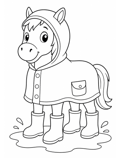 Horse Wearing A Raincoat And Boots printable coloring page from the horse coloring pages collection