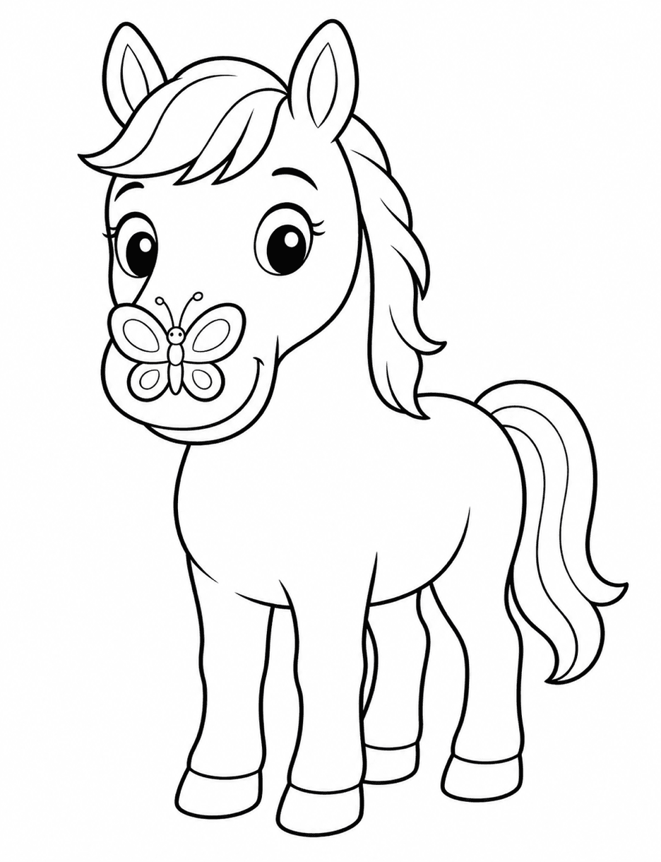 Horse With Butterfly On Its Nose printable coloring page from the horse coloring pages collection