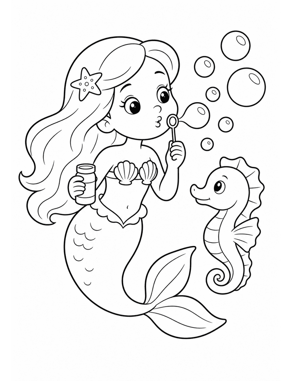 Mermaid Blowing Bubbles With A Cute Seahorse printable coloring page from the mermaid coloring pages collection