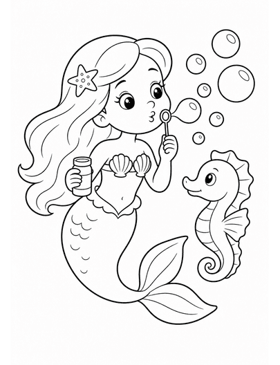 Mermaid Blowing Bubbles With A Cute Seahorse printable coloring page from the mermaid coloring pages collection