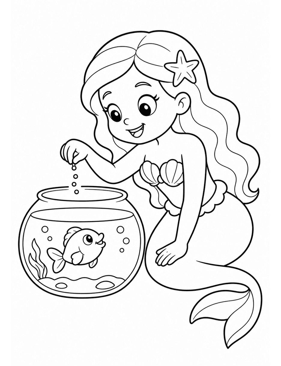 Mermaid Feeding A Tiny Fish In A Bowl printable coloring page from the mermaid coloring pages collection
