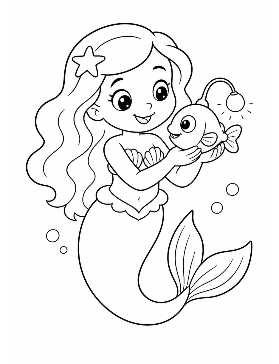 Mermaid Holding A Lantern Fish printable coloring page from the mermaid coloring pages collection