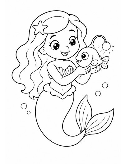 Mermaid Holding A Lantern Fish printable coloring page from the mermaid coloring pages collection