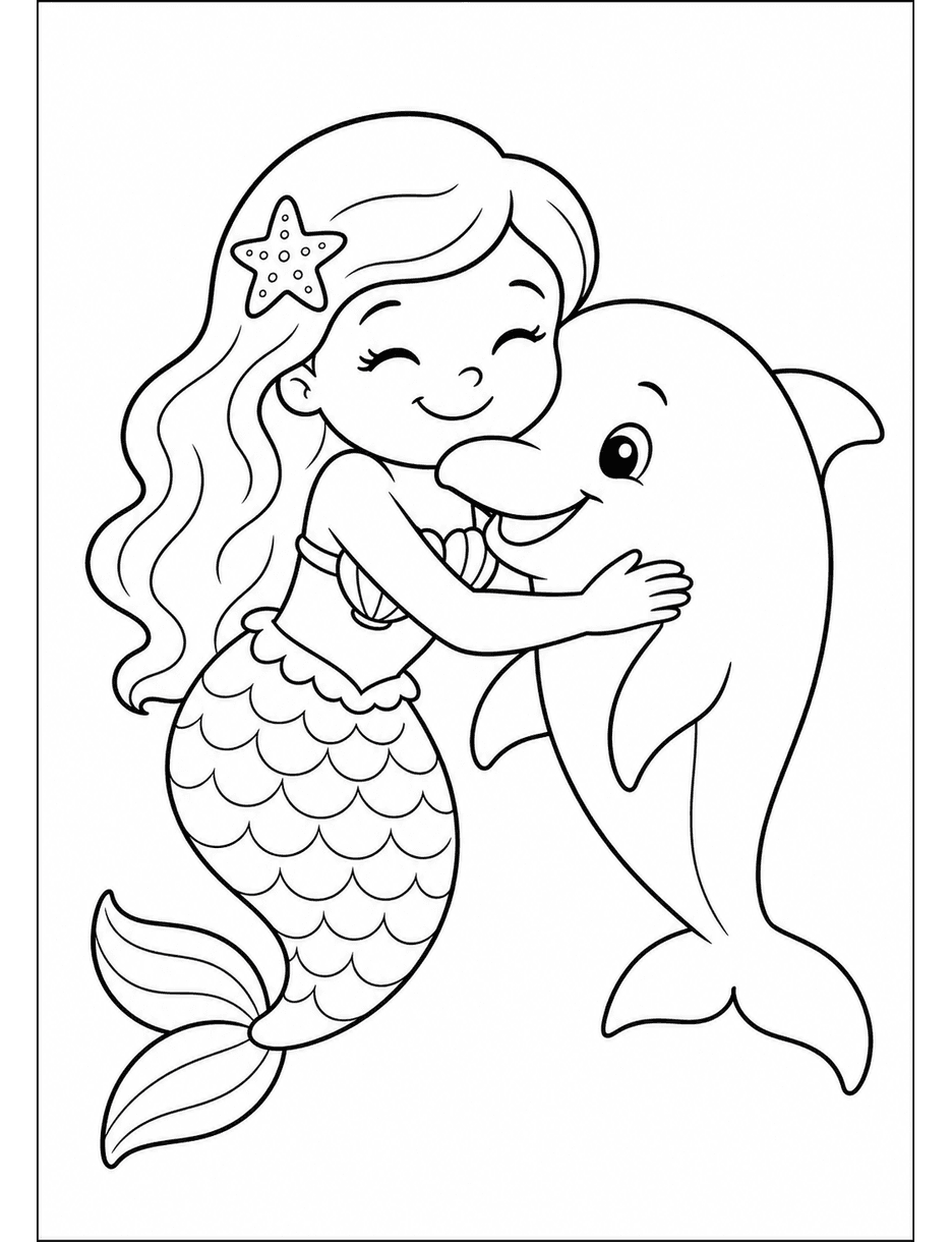 Mermaid Hugging A Friendly Dolphin printable coloring page from the mermaid coloring pages collection