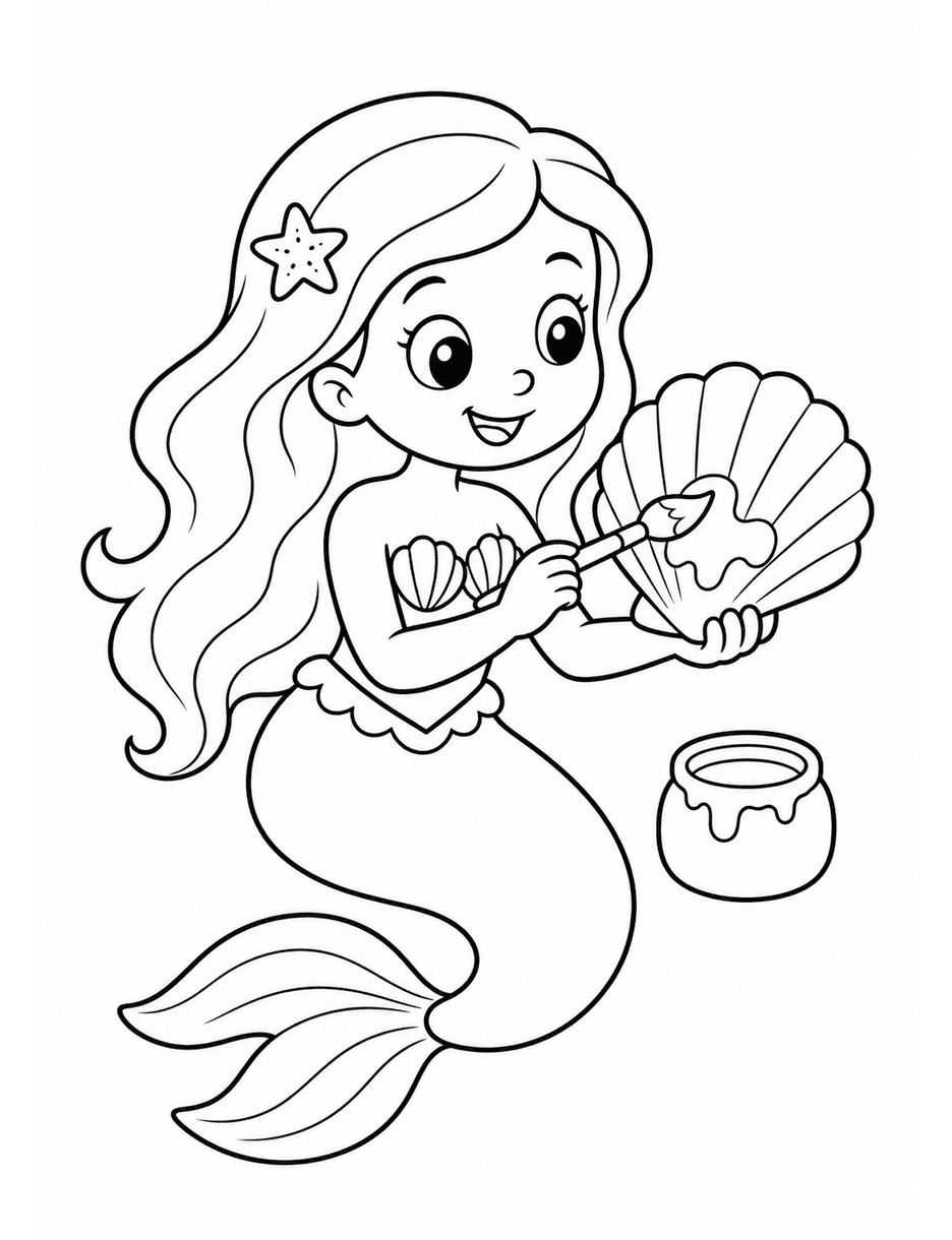 Mermaid Painting A Seashell printable coloring page from the mermaid coloring pages collection