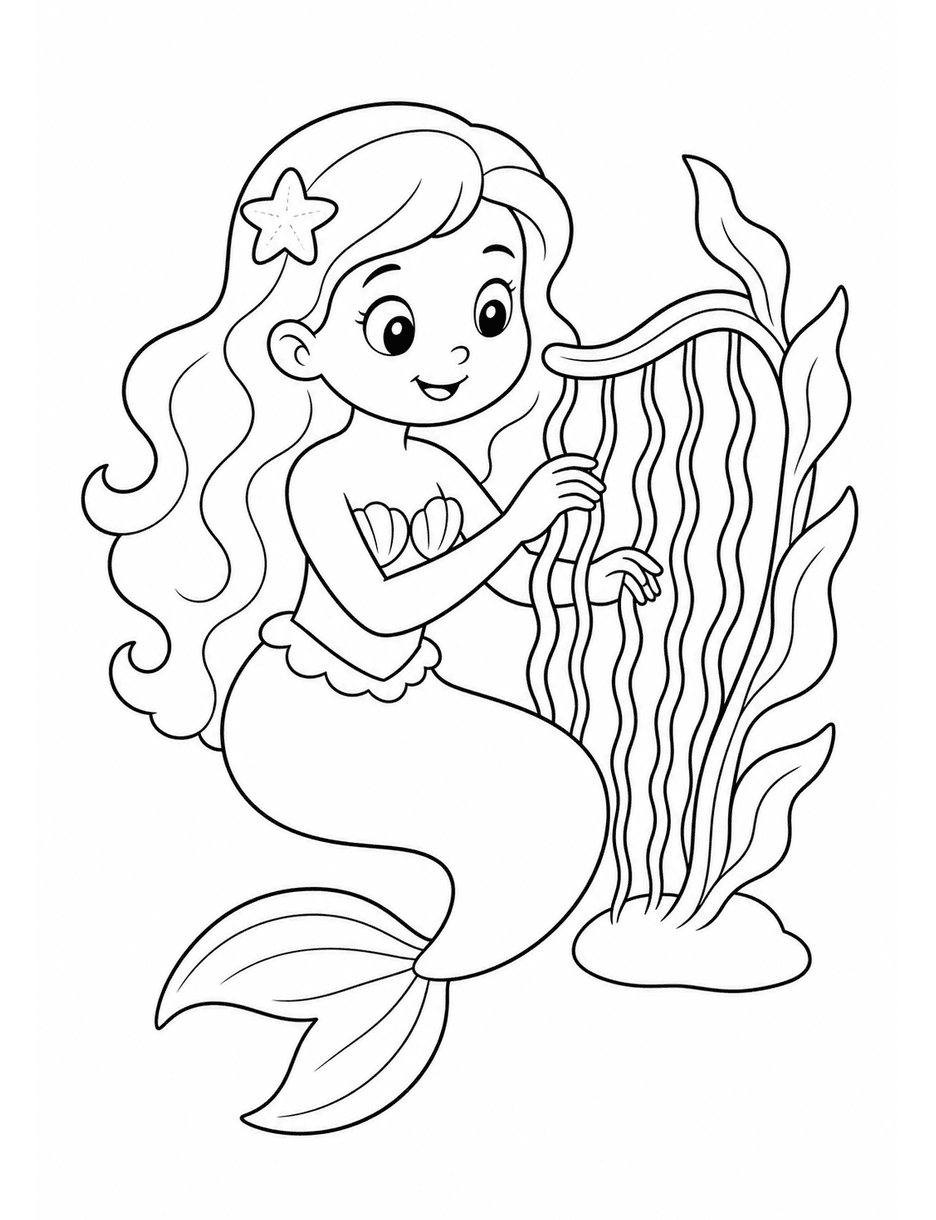 Mermaid Playing A Simple Seaweed Harp printable coloring page from the mermaid coloring pages collection