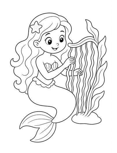 Mermaid Playing A Simple Seaweed Harp printable coloring page from the mermaid coloring pages collection