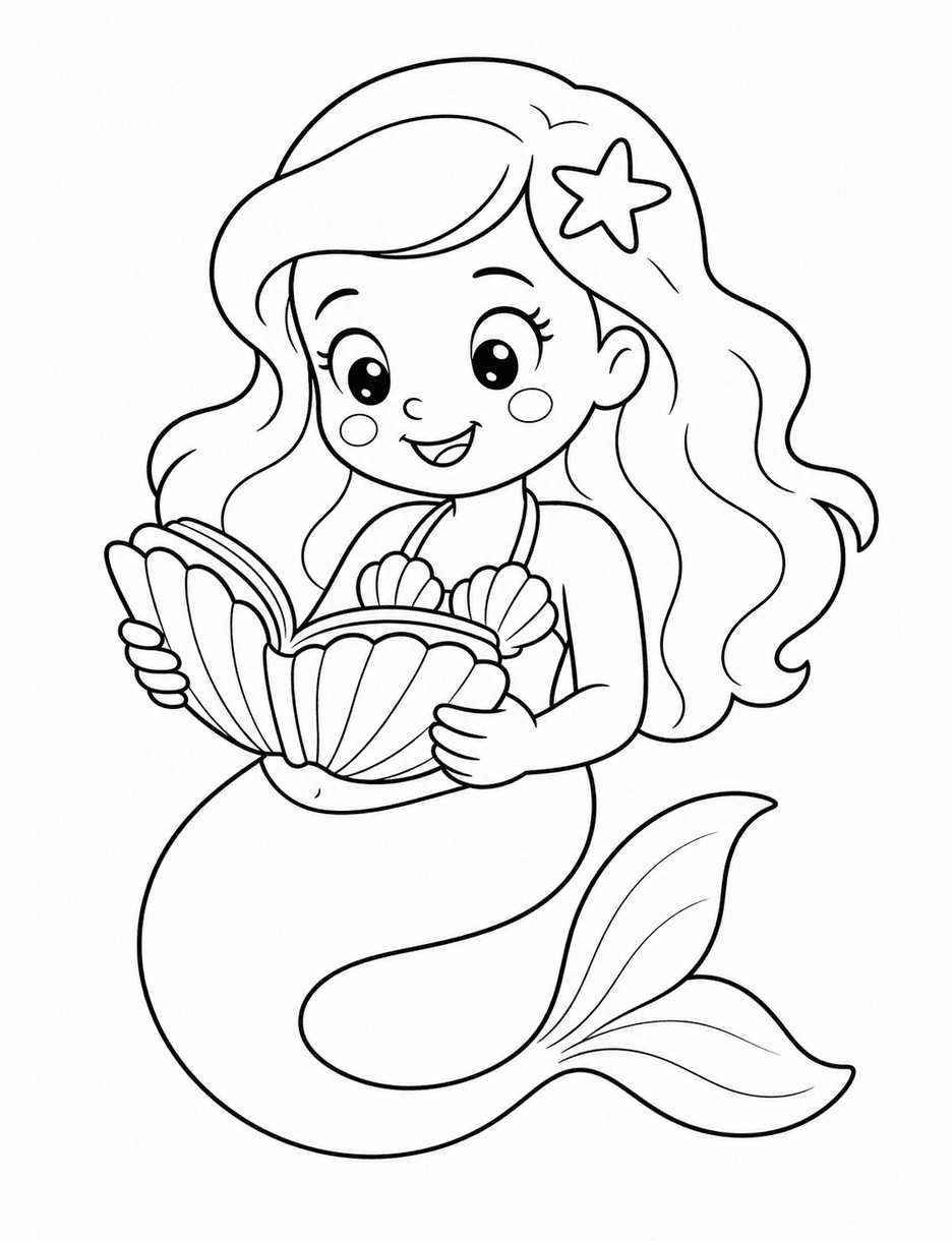Mermaid Reading A Seashell Book printable coloring page from the mermaid coloring pages collection