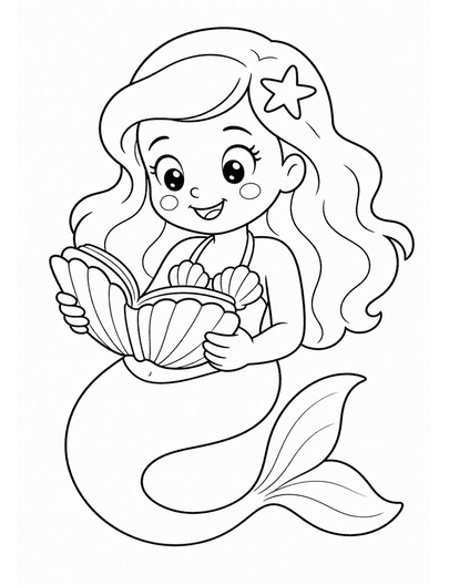 Mermaid Reading A Seashell Book printable coloring page from the mermaid coloring pages collection