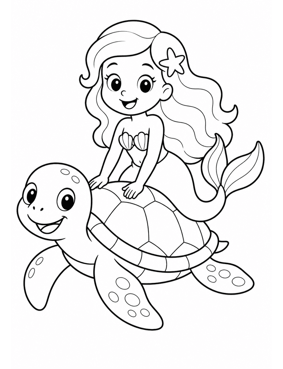 Mermaid Riding A Friendly Sea Turtle printable coloring page from the mermaid coloring pages collection