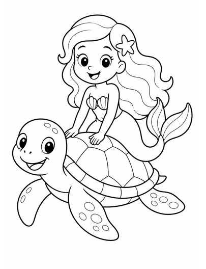 Mermaid Riding A Friendly Sea Turtle printable coloring page from the mermaid coloring pages collection