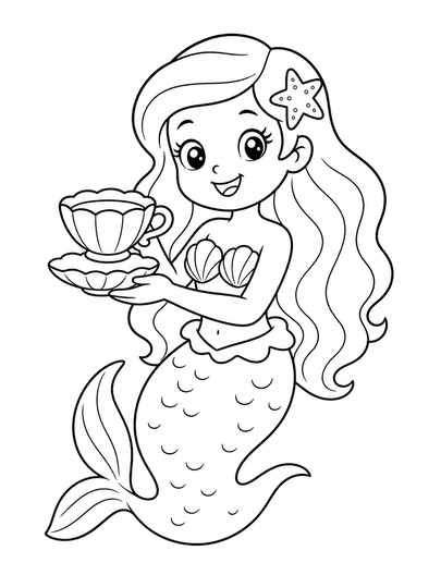 Mermaid Serving Tea In A Seashell Cup printable coloring page from the mermaid coloring pages collection