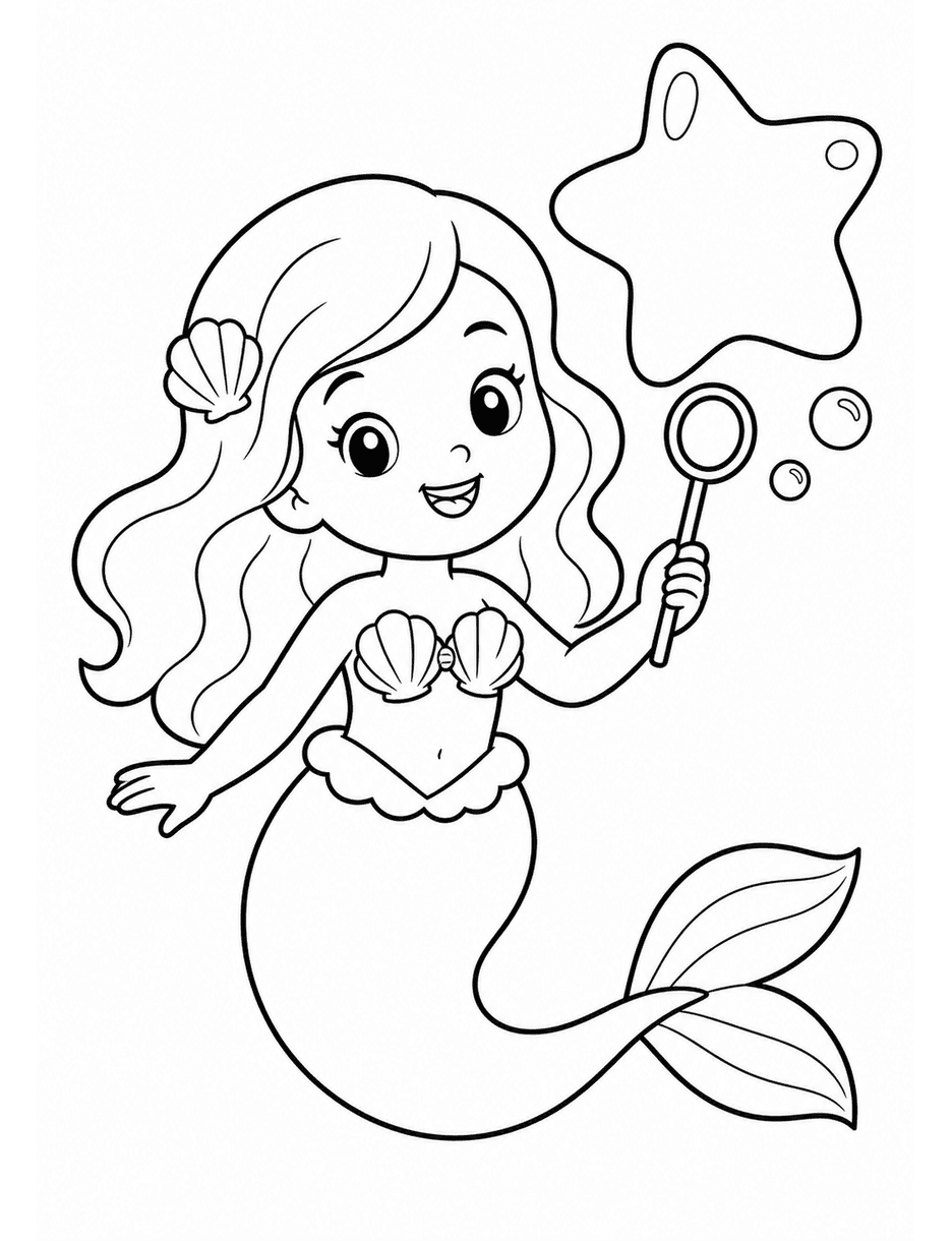 Mermaid With Bubble Wand And Star Bubble printable coloring page from the mermaid coloring pages collection