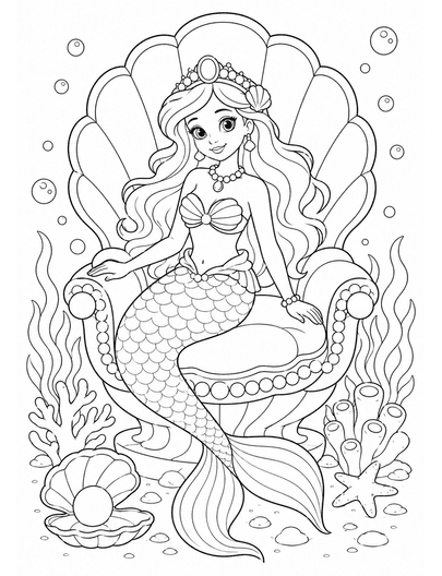 Mermaid With Pearl Shell Throne printable coloring page from the mermaid coloring pages collection