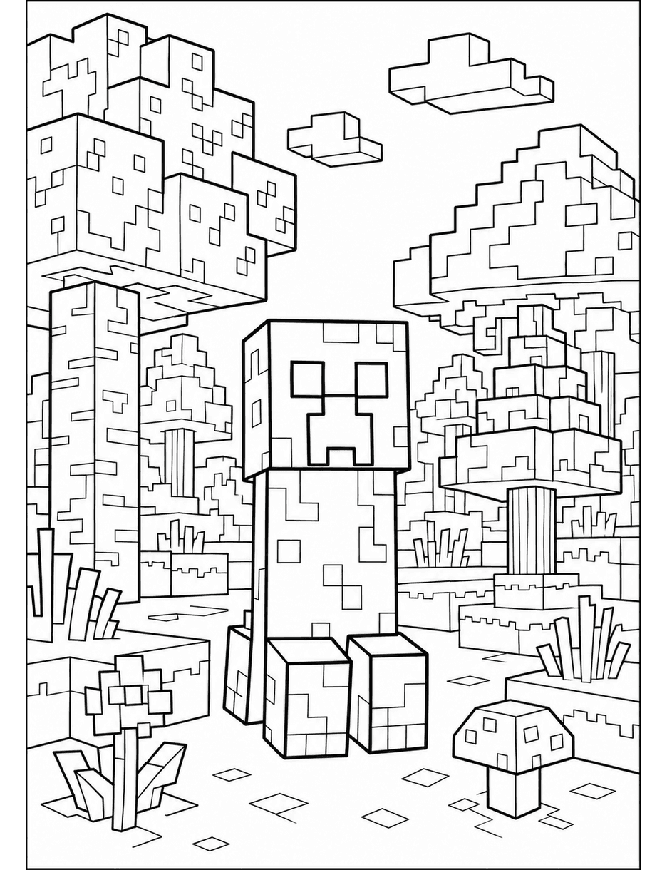 Minecraft Creeper Forest Adventure printable coloring page from the minecraft coloring pages collection