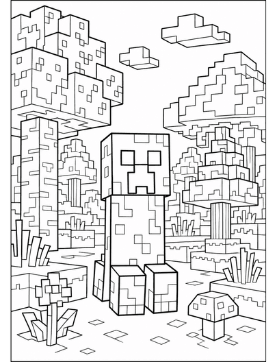 Minecraft Creeper Forest Adventure printable coloring page from the minecraft coloring pages collection