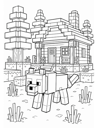 Minecraft Wolf By Forest Cabin printable coloring page from the minecraft coloring pages collection