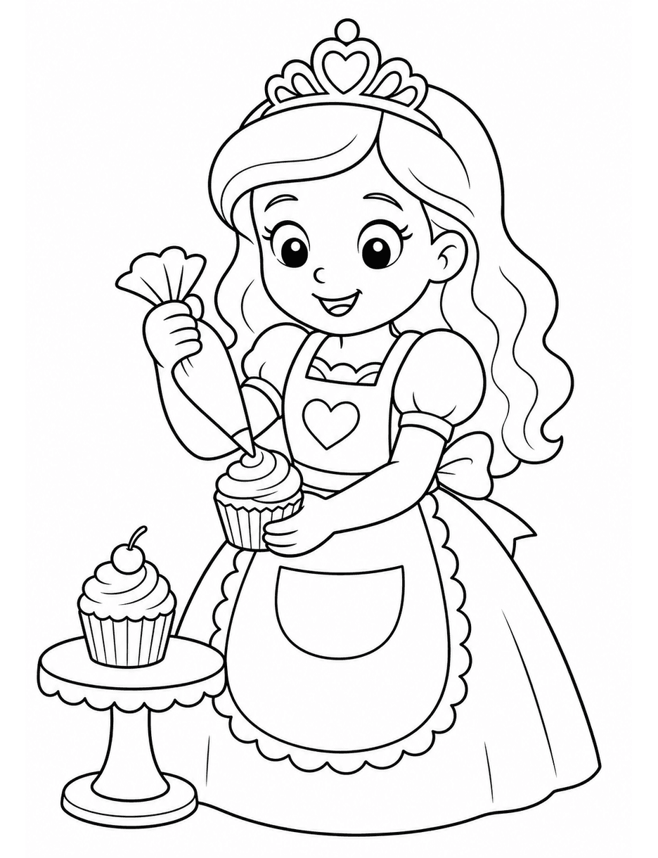 Princess Baking Cupcakes With A Big Apron printable coloring page from the princess coloring pages collection