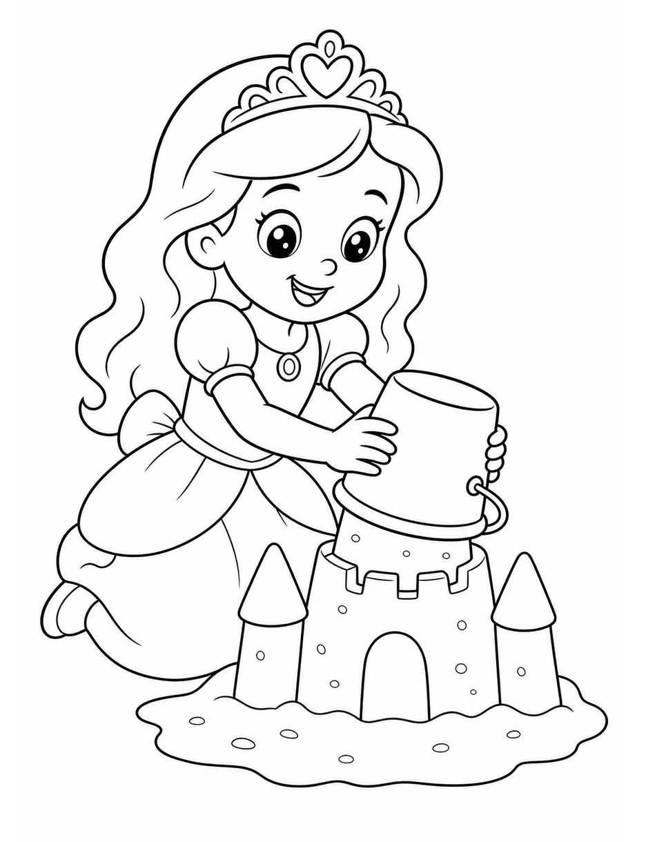 Princess Building A Sandcastle With A Bucket printable coloring page from the princess coloring pages collection