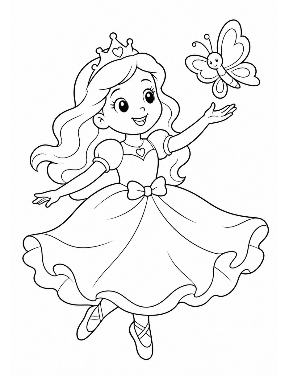 Princess Dancing With Butterfly Friend printable coloring page from the princess coloring pages collection