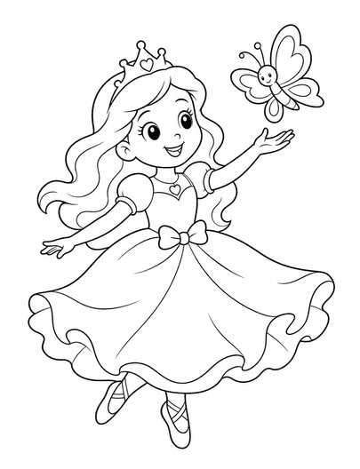 Princess Dancing With Butterfly Friend printable coloring page from the princess coloring pages collection
