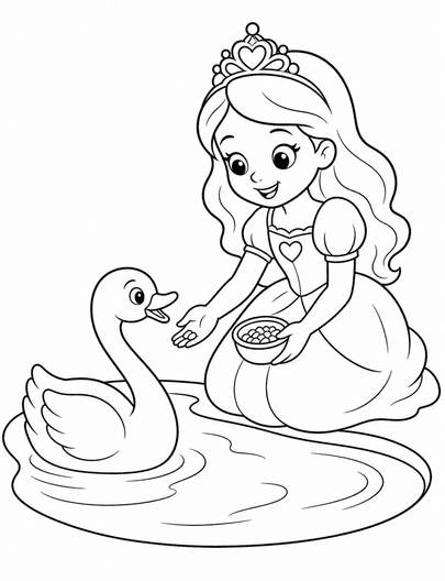 Princess Feeding A Swan At The Pond printable coloring page from the princess coloring pages collection