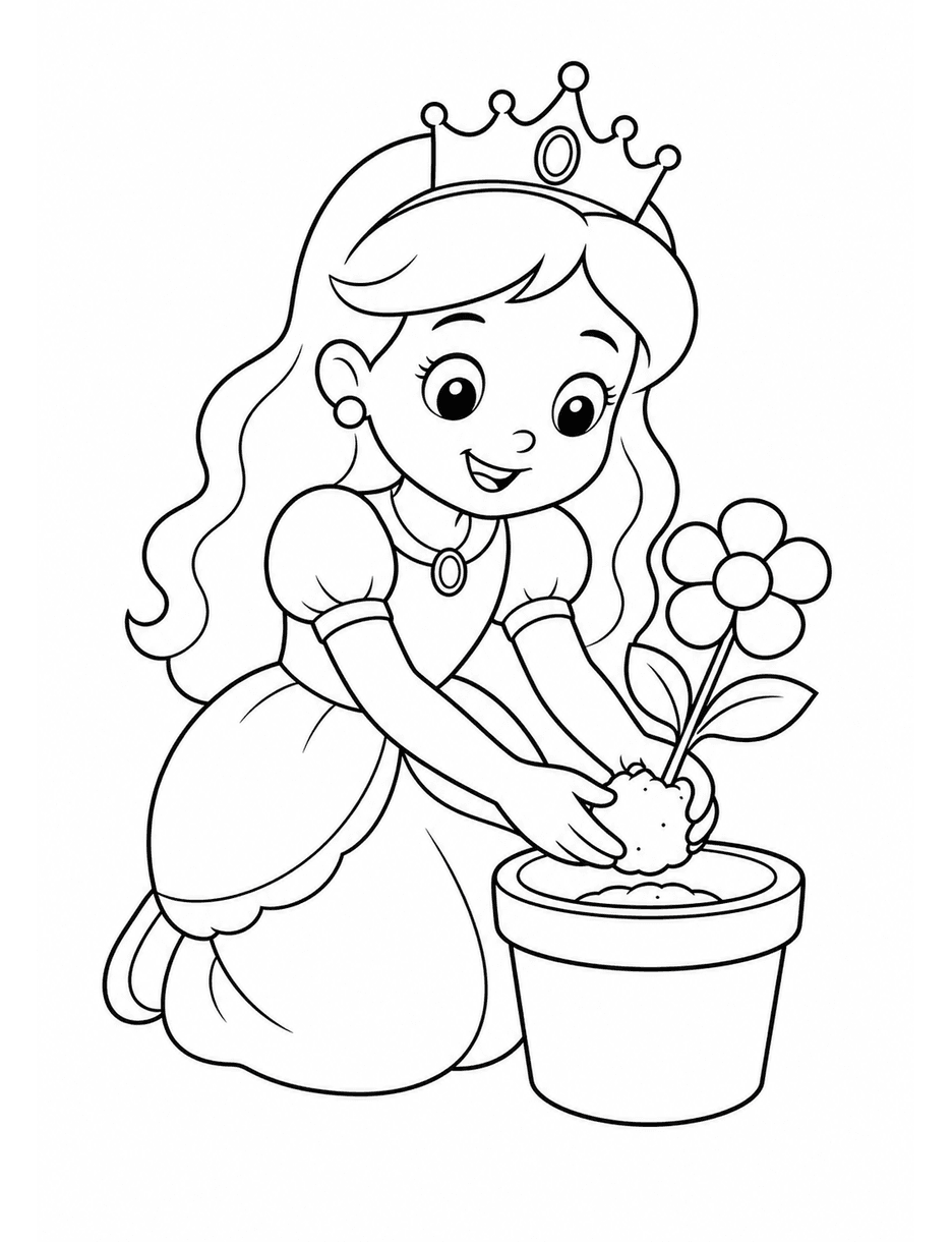Princess Planting A Flower In A Pot printable coloring page from the princess coloring pages collection