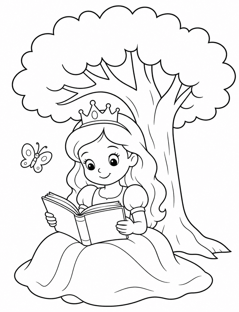 Princess Reading A Storybook Under A Tree printable coloring page from the princess coloring pages collection