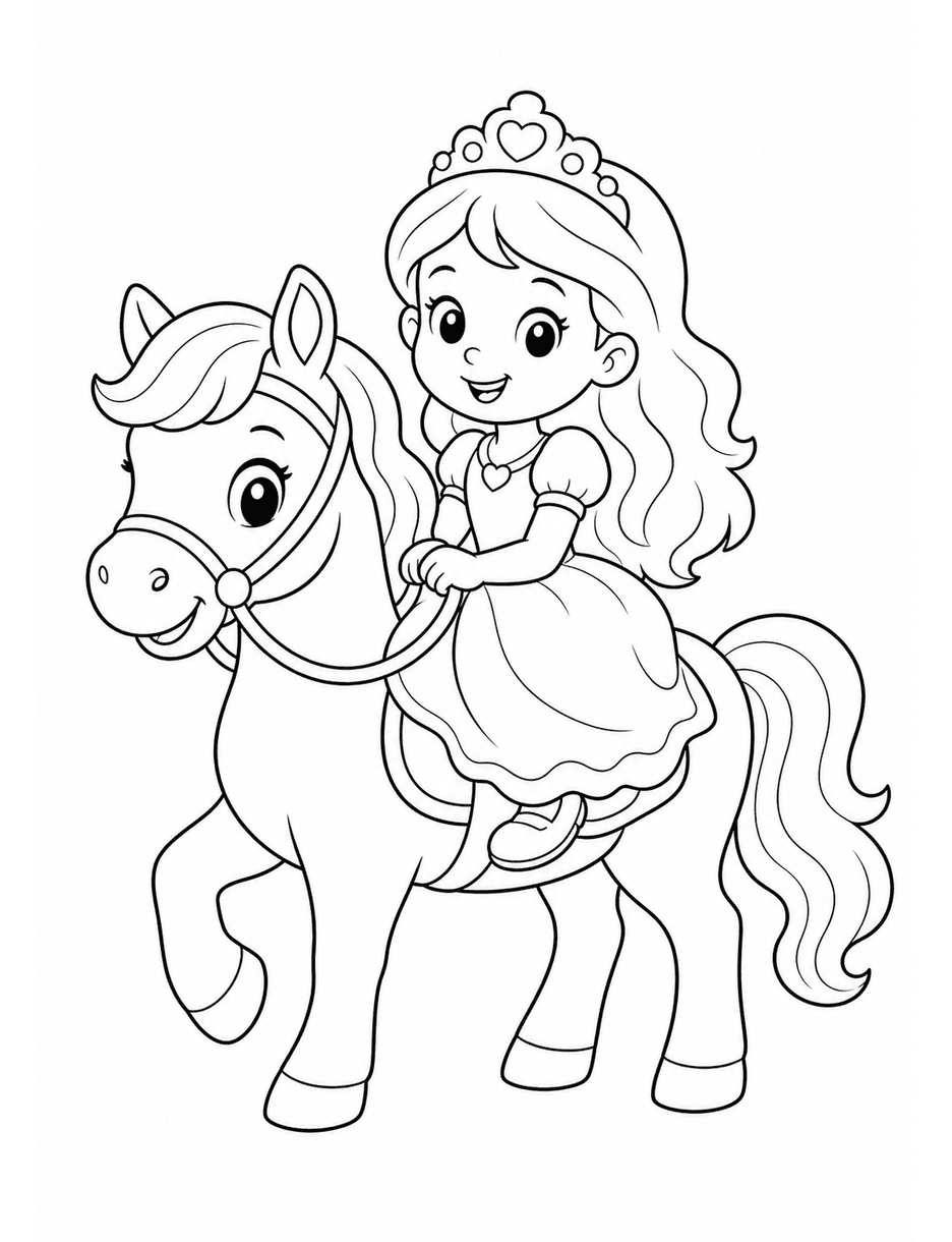 Princess Riding A Friendly Pony printable coloring page from the princess coloring pages collection