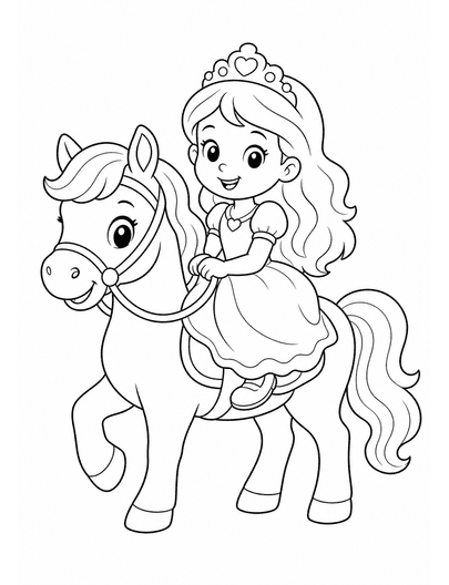 Princess Riding A Friendly Pony printable coloring page from the princess coloring pages collection