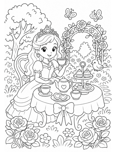 Princess Tea Party Garden printable coloring page from the princess coloring pages collection