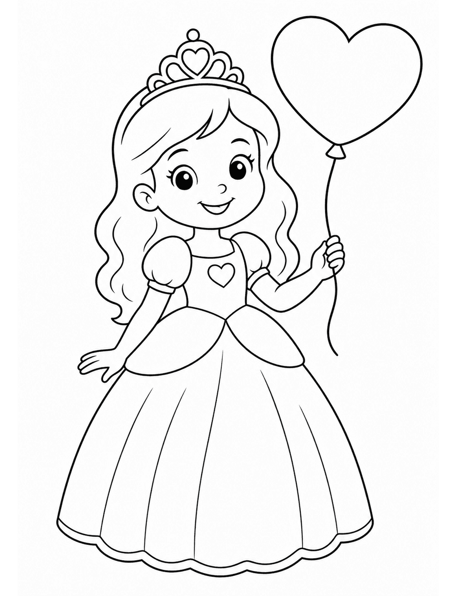 Princess With A Heart Balloon printable coloring page from the princess coloring pages collection