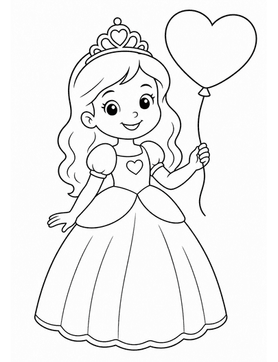 Princess With A Heart Balloon printable coloring page from the princess coloring pages collection