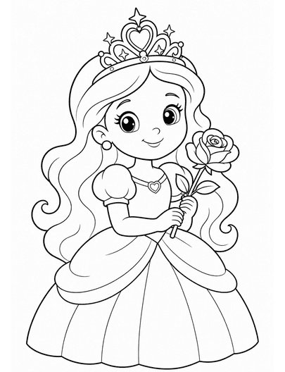 Princess With A Sparkling Crown And Rose printable coloring page from the princess coloring pages collection