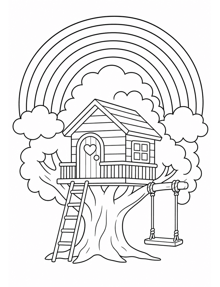 Rainbow Above A Cozy Treehouse Swing printable coloring page from the rainbow coloring page collection