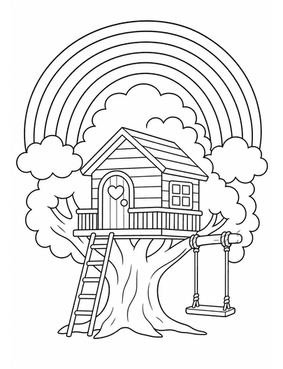 Rainbow Above A Cozy Treehouse Swing printable coloring page from the rainbow coloring page collection