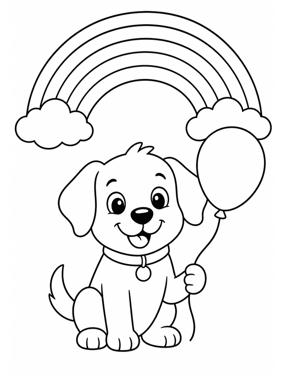 Rainbow Above A Friendly Puppy With A Balloon printable coloring page from the rainbow coloring page collection