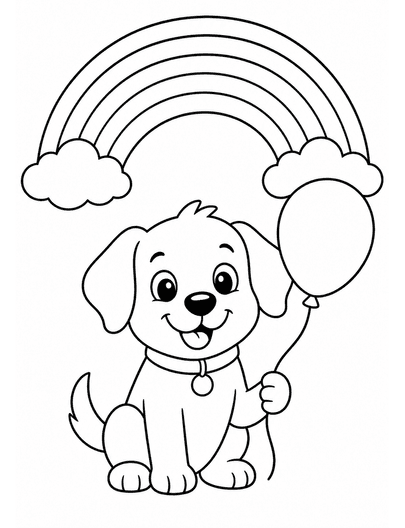 Rainbow Above A Friendly Puppy With A Balloon printable coloring page from the rainbow coloring page collection