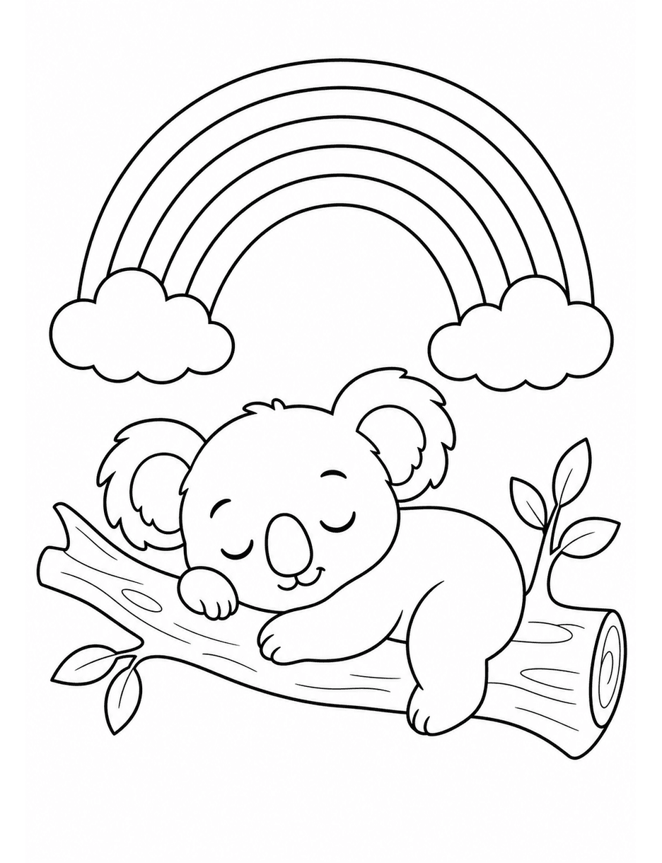 Rainbow Above A Sleepy Koala In A Tree printable coloring page from the rainbow coloring page collection
