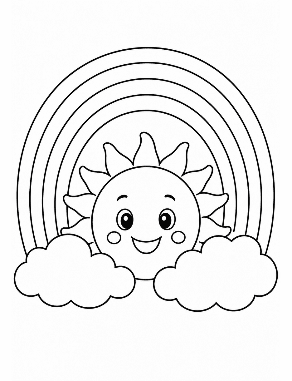 Rainbow Above A Smiling Sun And Puffy Clouds printable coloring page from the rainbow coloring page collection