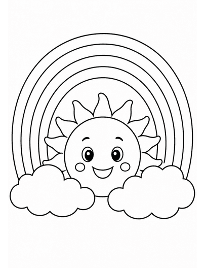 Rainbow Above A Smiling Sun And Puffy Clouds printable coloring page from the rainbow coloring page collection