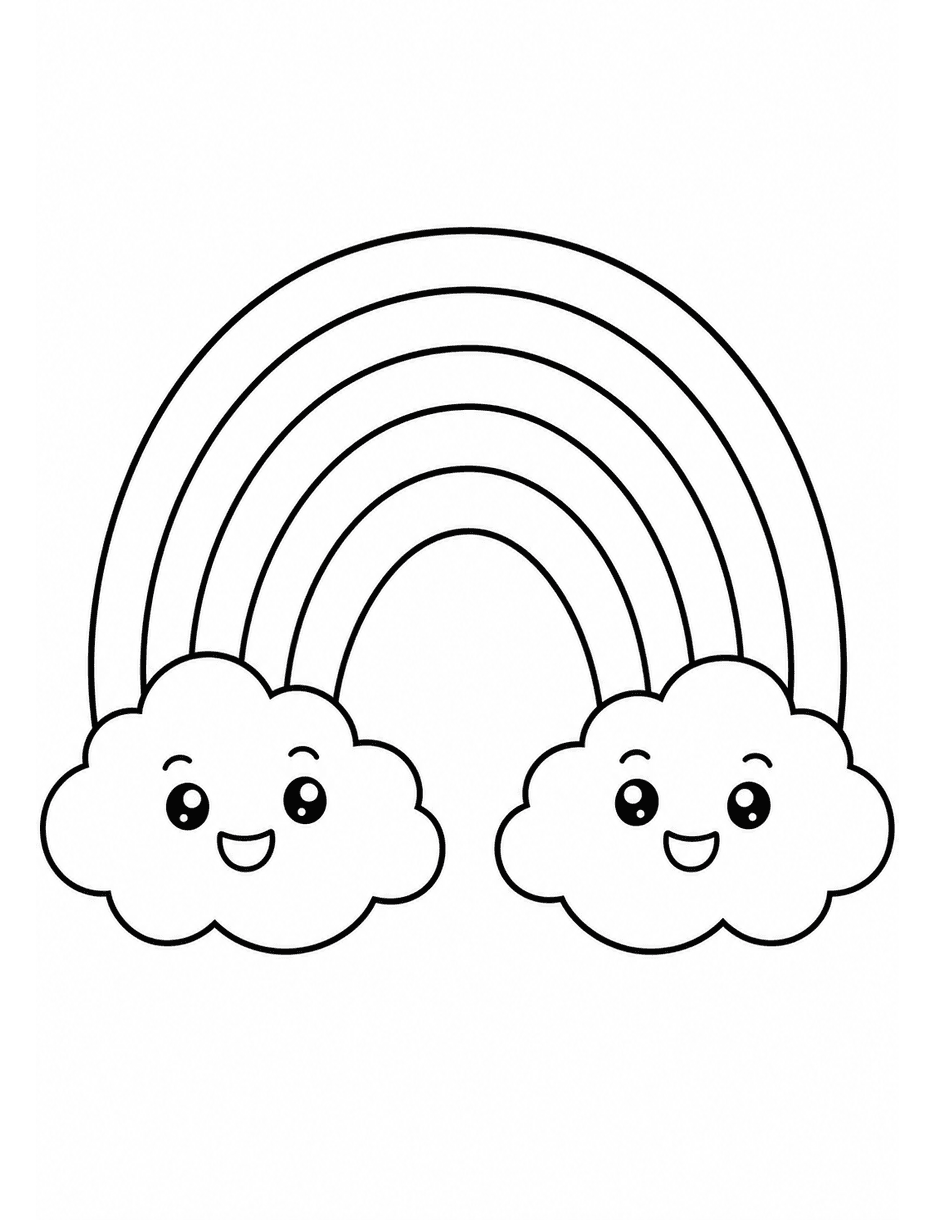 Rainbow Bridge With Two Happy Clouds printable coloring page from the rainbow coloring page collection