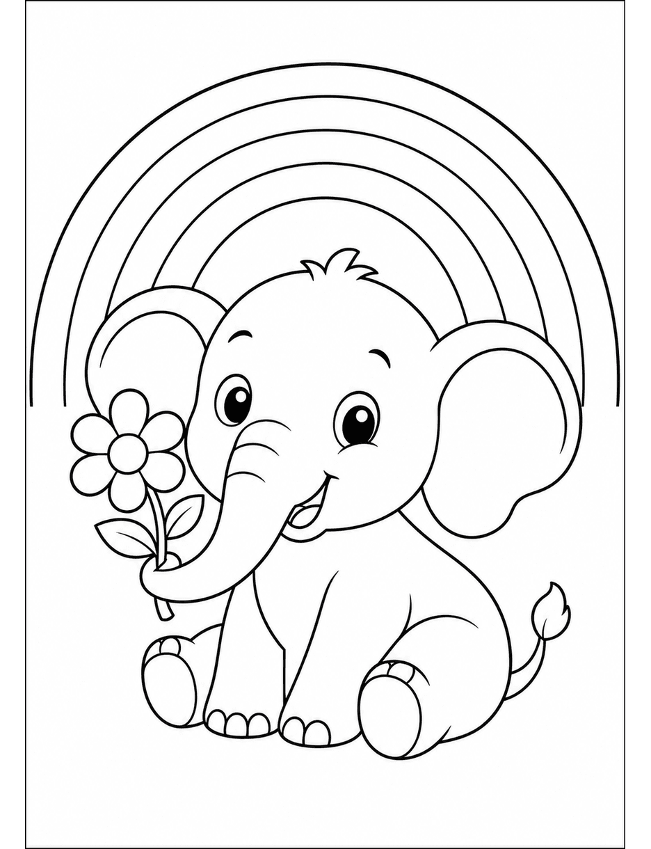 Rainbow Over A Baby Elephant With A Flower printable coloring page from the rainbow coloring page collection
