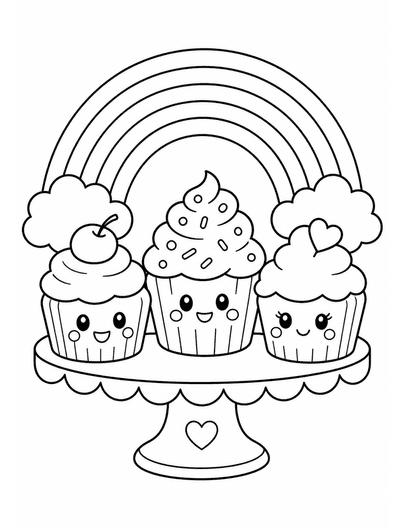 Rainbow Over A Cozy Cupcake Stand printable coloring page from the rainbow coloring page collection