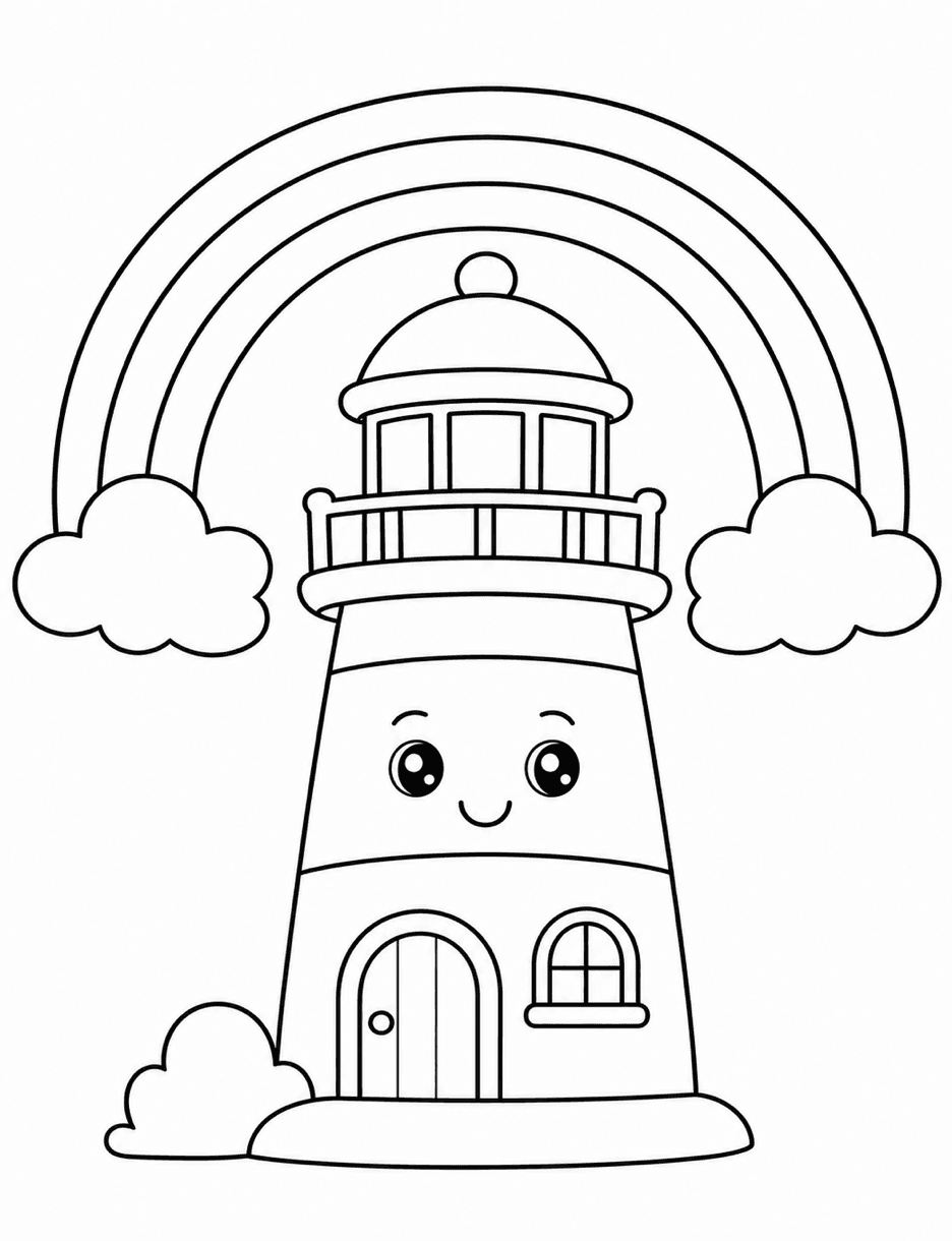 Rainbow Over A Cozy Lighthouse printable coloring page from the rainbow coloring page collection
