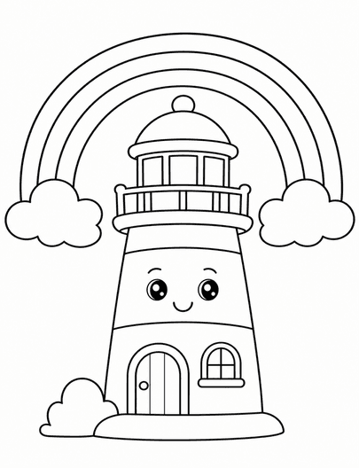 Rainbow Over A Cozy Lighthouse printable coloring page from the rainbow coloring page collection